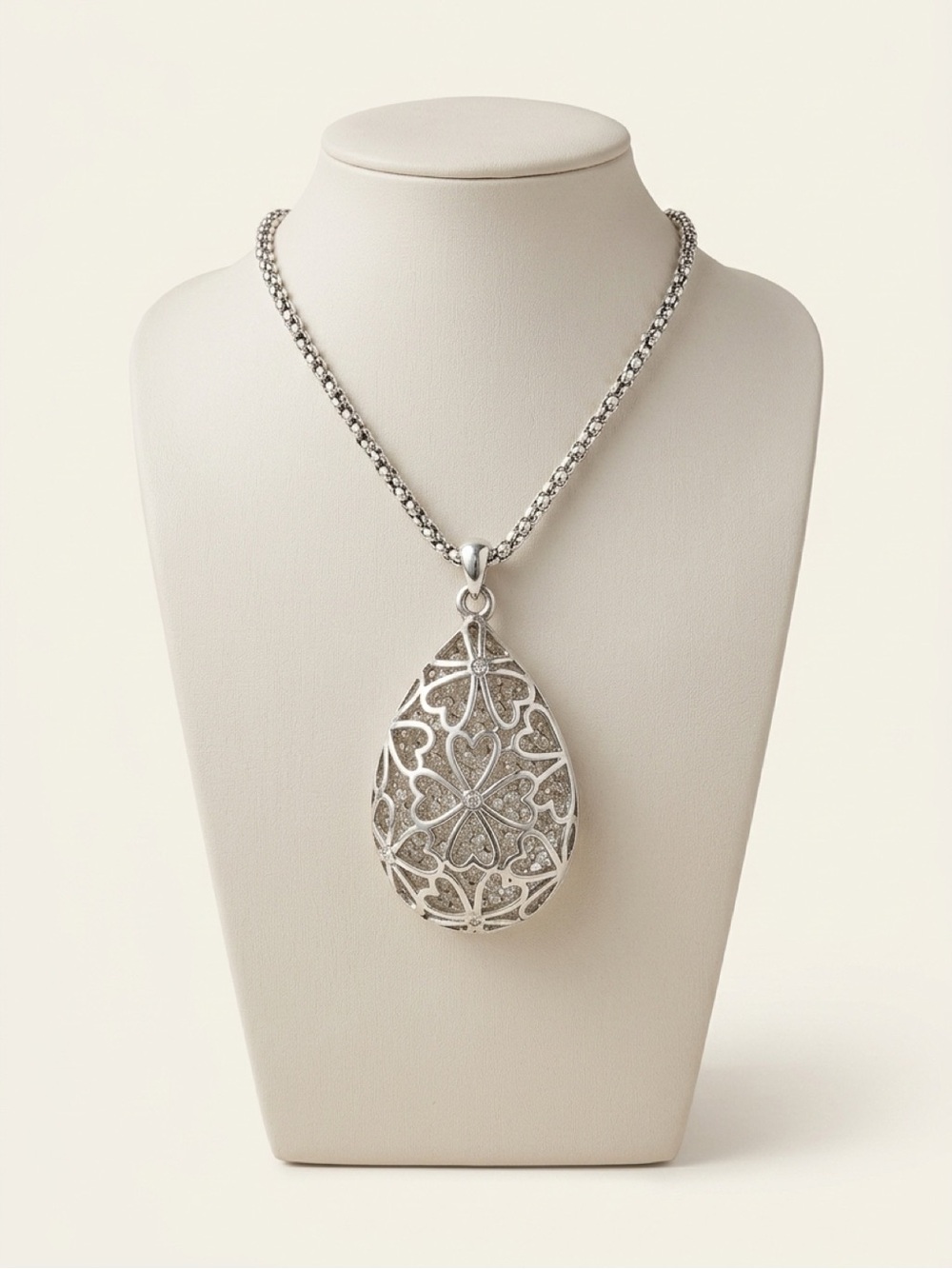 Elegant Silver Filigree Teardrop Pendant on Thick Silver Tone Chain